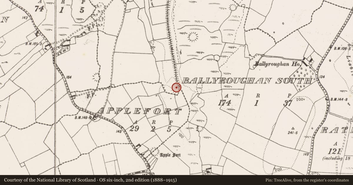 Ordnance Survey six-inch map, 2nd edition (1888–1915) covering the location of Enclosure, Ballyroughan South, Carnmallow, County Clare, with a pin at the register's coordinates
