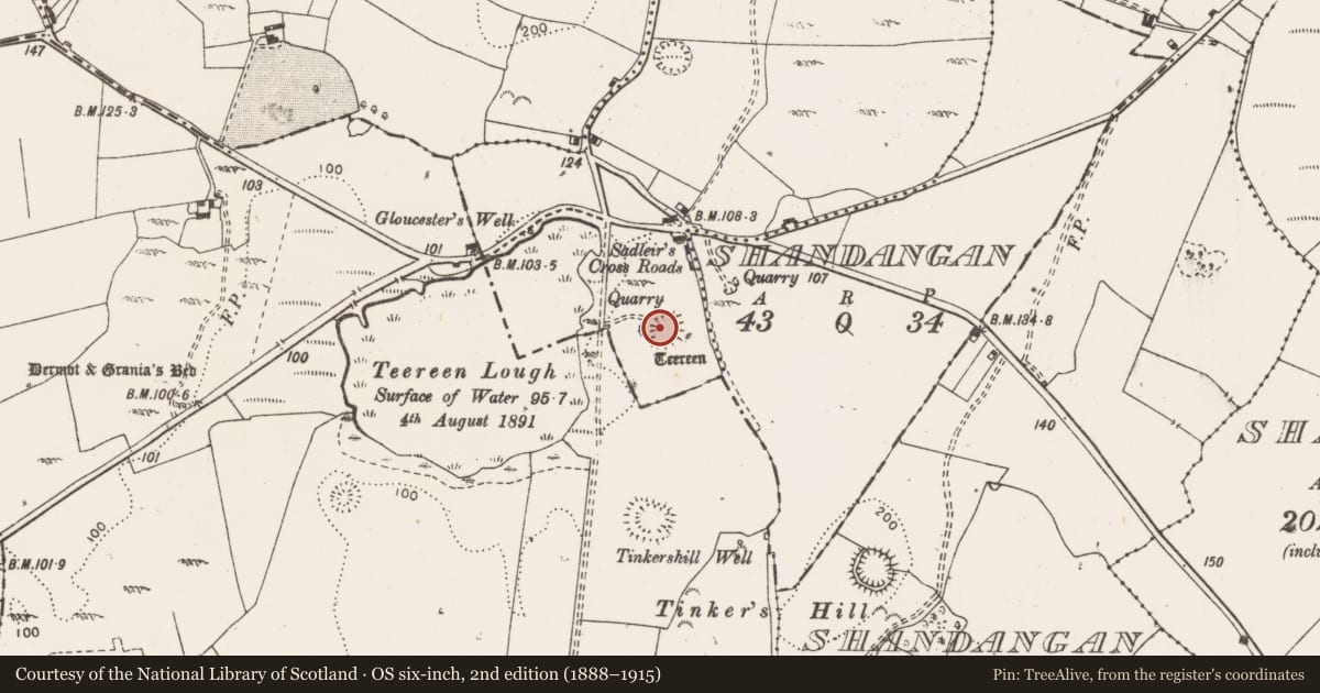 Ordnance Survey six-inch map, 2nd edition (1888–1915) covering the location of Enclosure, Rathluby, County Clare, with a pin at the register's coordinates