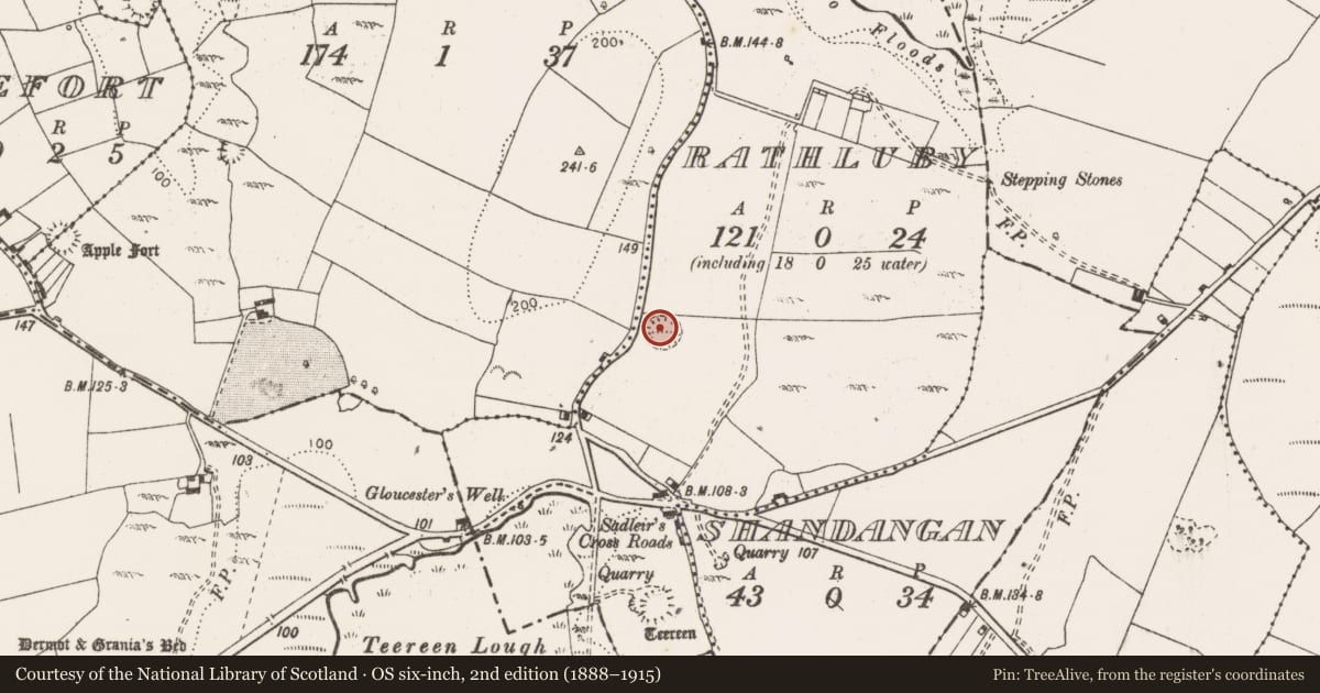 Ordnance Survey six-inch map, 2nd edition (1888–1915) covering the location of Enclosure, Rathluby, County Clare, with a pin at the register's coordinates