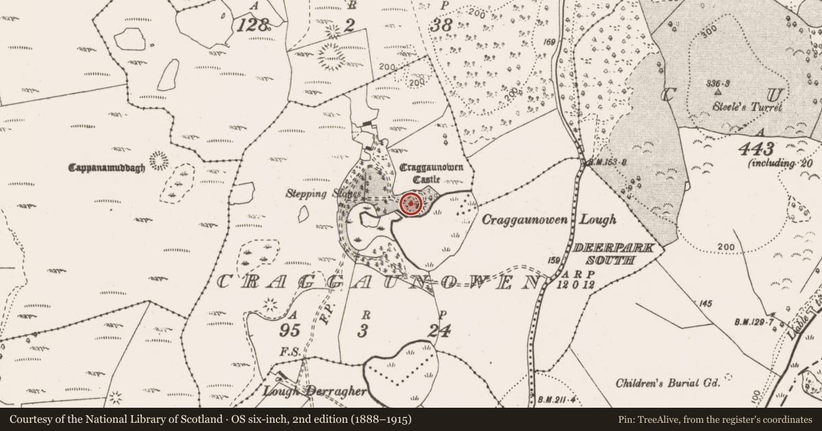 Ordnance Survey six-inch map, 2nd edition (1888–1915) covering the location of Earthwork, Craggaunowen, County Clare, with a pin at the register's coordinates