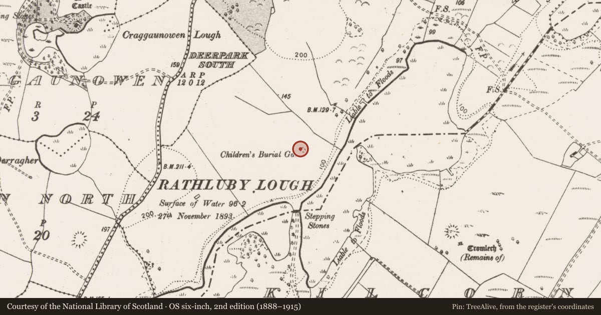 Ordnance Survey six-inch map, 2nd edition (1888–1915) covering the location of Children's burial ground, Cullaun, County Clare, with a pin at the register's coordinates