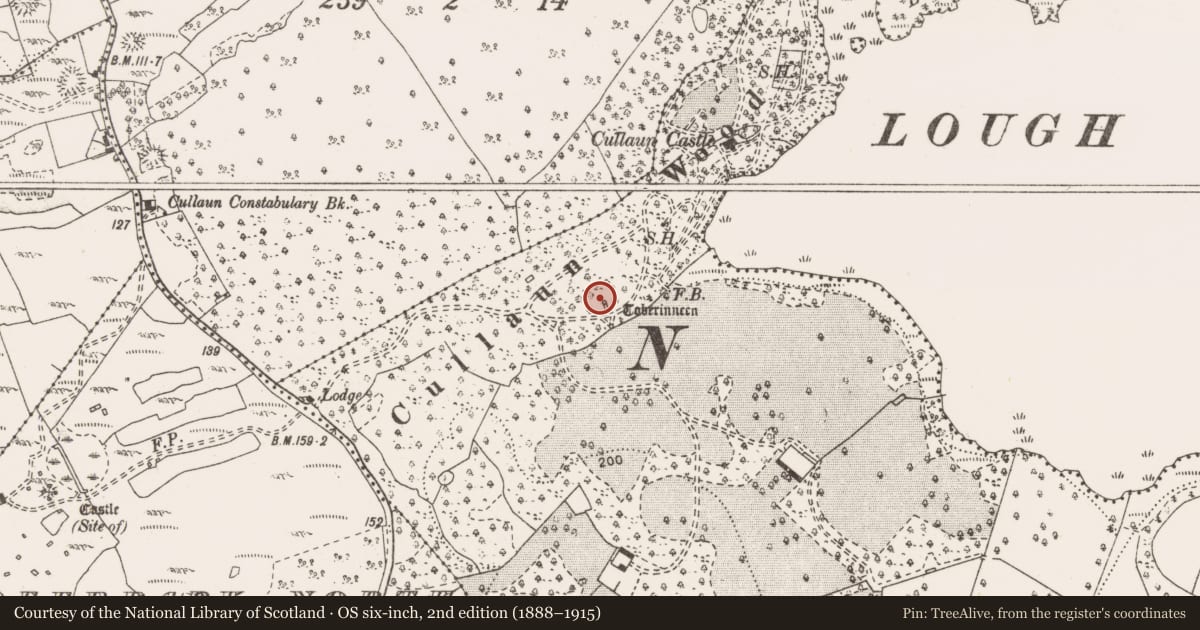 Ordnance Survey six-inch map, 2nd edition (1888–1915) covering the location of Ritual site - holy well, Cullaun, County Clare, with a pin at the register's coordinates