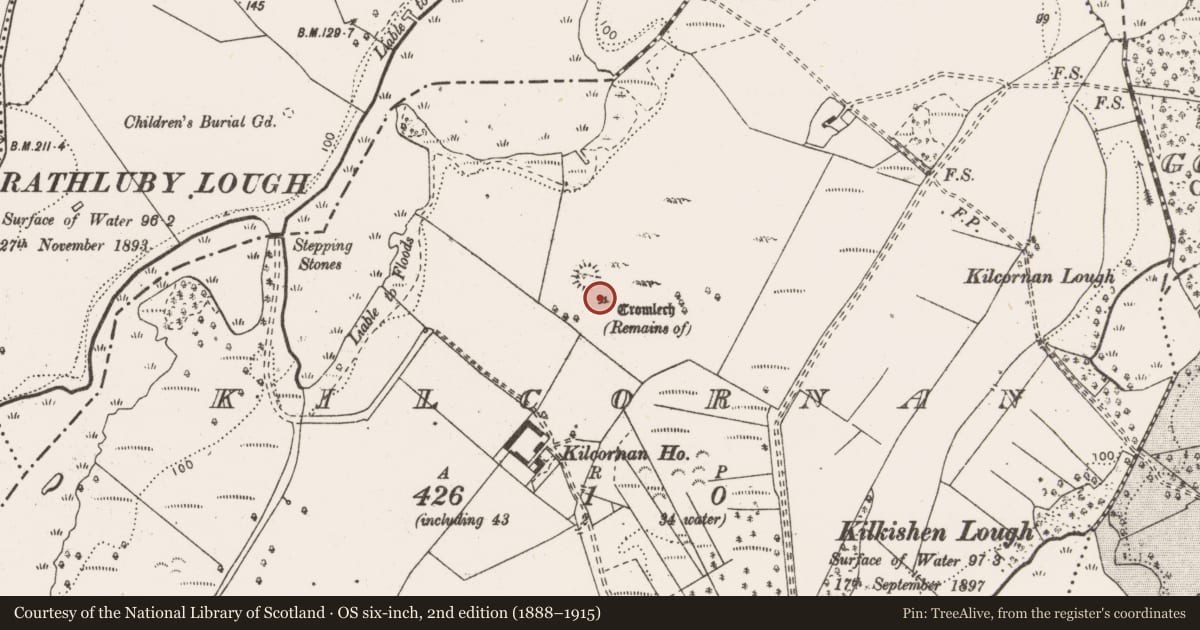 Ordnance Survey six-inch map, 2nd edition (1888–1915) covering the location of Megalithic structure, Kilcornan, County Clare, with a pin at the register's coordinates