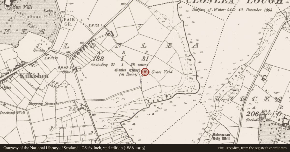 Ordnance Survey six-inch map, 2nd edition (1888–1915) covering the location of Architectural fragment, Clonlea, County Clare, with a pin at the register's coordinates
