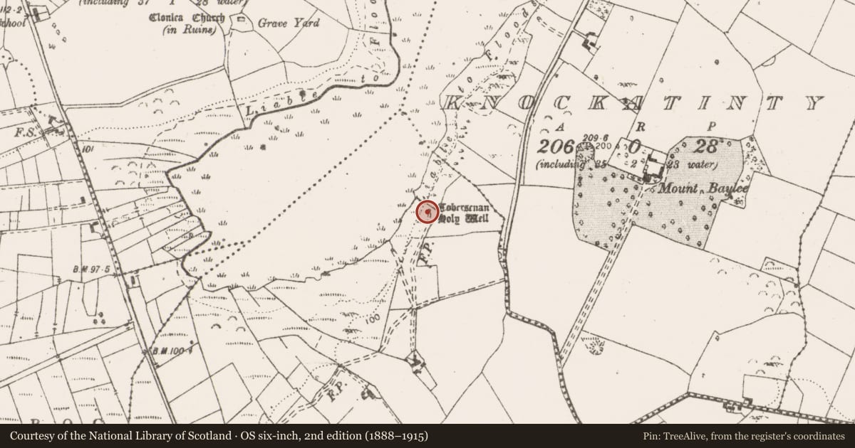 Ordnance Survey six-inch map, 2nd edition (1888–1915) covering the location of Ritual site - holy well, Killanena, County Clare, with a pin at the register's coordinates