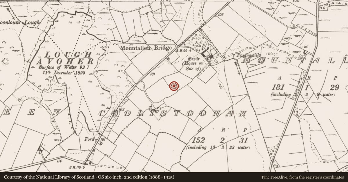Ordnance Survey six-inch map, 2nd edition (1888–1915) covering the location of Enclosure, Coolistoonan, County Clare, with a pin at the register's coordinates