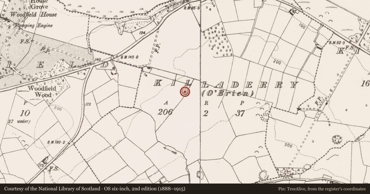 Ordnance Survey six-inch map, 2nd edition (1888–1915) covering the location of Enclosure, Killaderry (O'Brien), County Clare, with a pin at the register's coordinates