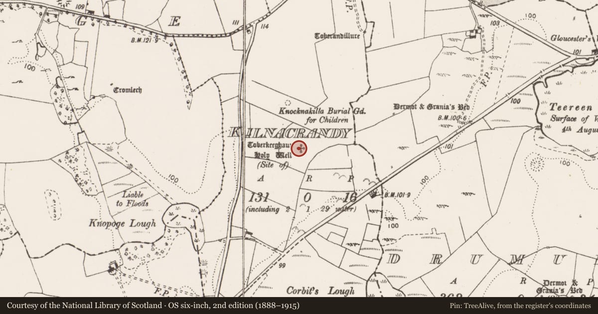 Ordnance Survey six-inch map, 2nd edition (1888–1915) covering the location of Ritual site - holy well, Kilnacrandy, County Clare, with a pin at the register's coordinates