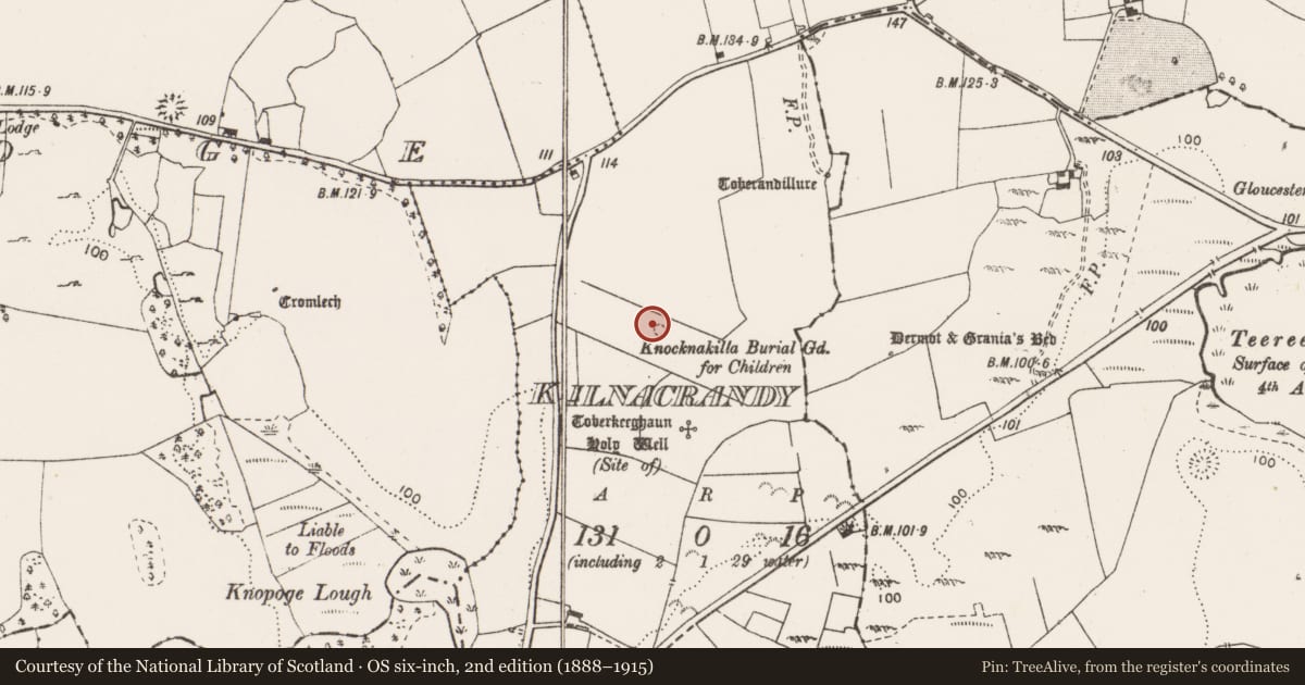 Ordnance Survey six-inch map, 2nd edition (1888–1915) covering the location of Children's burial ground, Kilnacrandy, County Clare, with a pin at the register's coordinates