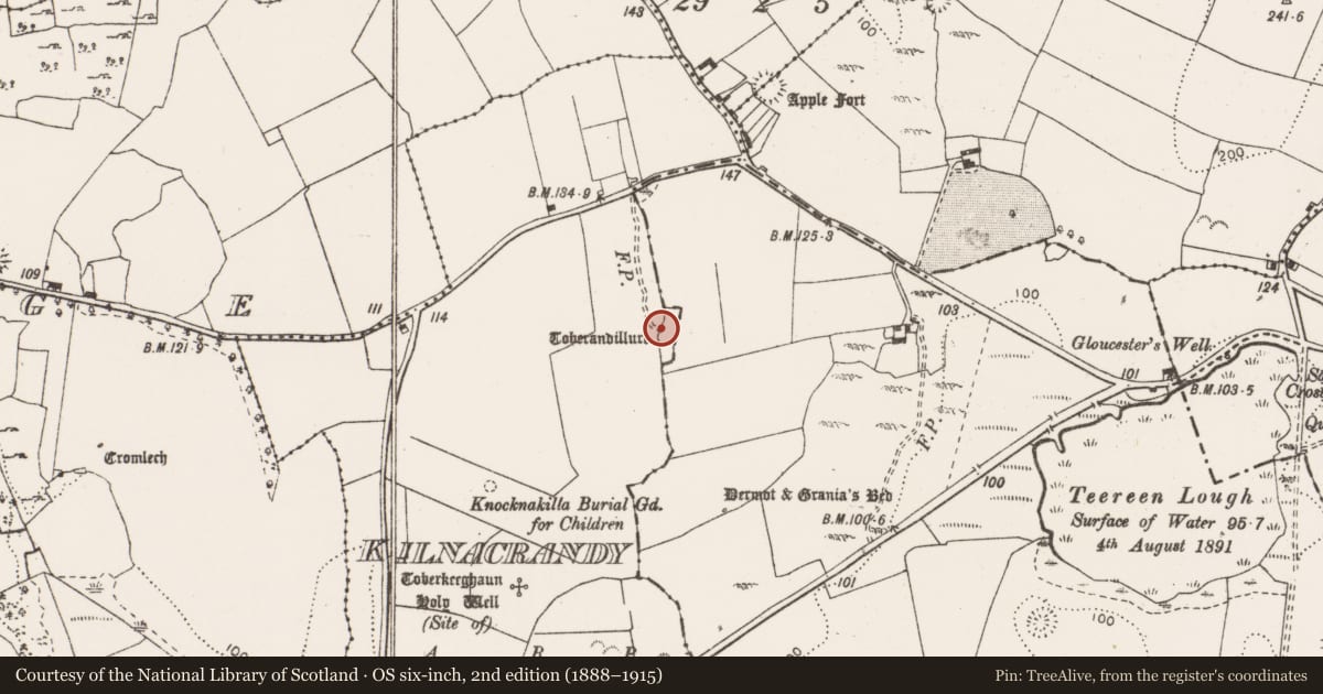 Ordnance Survey six-inch map, 2nd edition (1888–1915) covering the location of Ritual site - holy well, Kilnacrandy, County Clare, with a pin at the register's coordinates