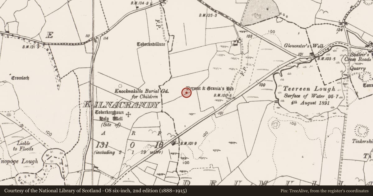 Ordnance Survey six-inch map, 2nd edition (1888–1915) covering the location of Megalithic structure, Drumullan, County Clare, with a pin at the register's coordinates