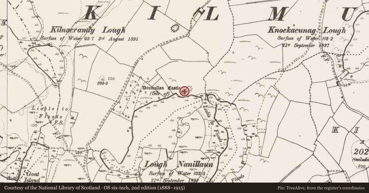 Ordnance Survey six-inch map, 2nd edition (1888–1915) covering the location of Earthwork, Drumullan, County Clare, with a pin at the register's coordinates
