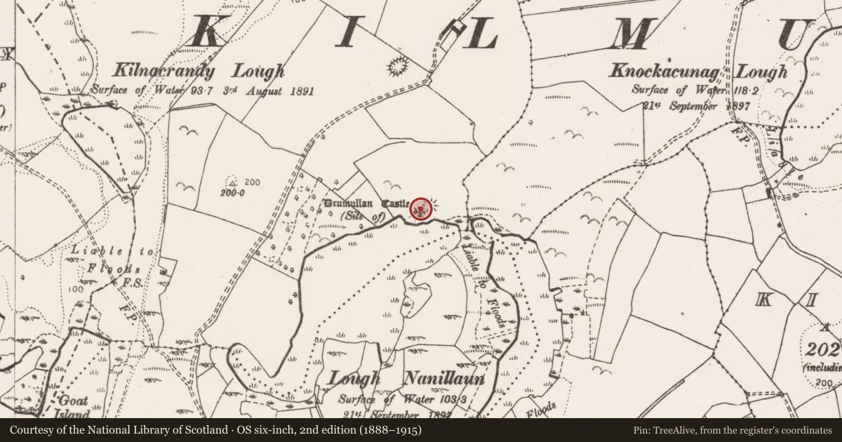 Ordnance Survey six-inch map, 2nd edition (1888–1915) covering the location of Castle - unclassified, Drumullan, County Clare, with a pin at the register's coordinates