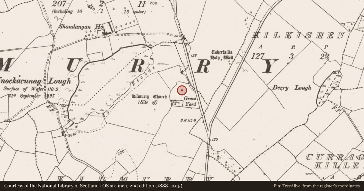 Ordnance Survey six-inch map, 2nd edition (1888–1915) covering the location of Ecclesiastical enclosure, Kilmurry, County Clare, with a pin at the register's coordinates