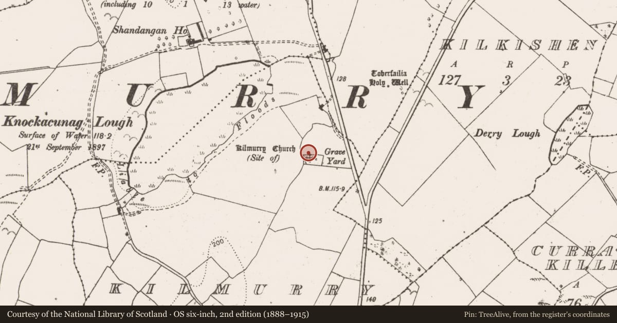 Ordnance Survey six-inch map, 2nd edition (1888–1915) covering the location of Church, Kilmurry, County Clare, with a pin at the register's coordinates