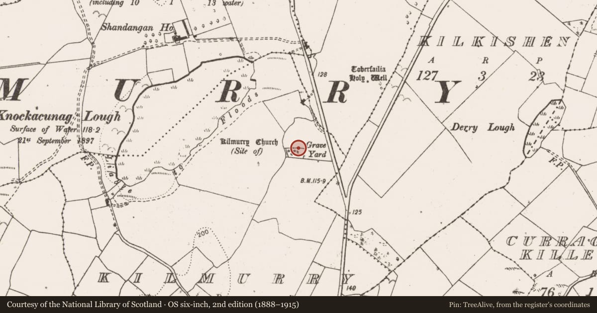 Ordnance Survey six-inch map, 2nd edition (1888–1915) covering the location of Graveyard, Kilmurry, County Clare, with a pin at the register's coordinates
