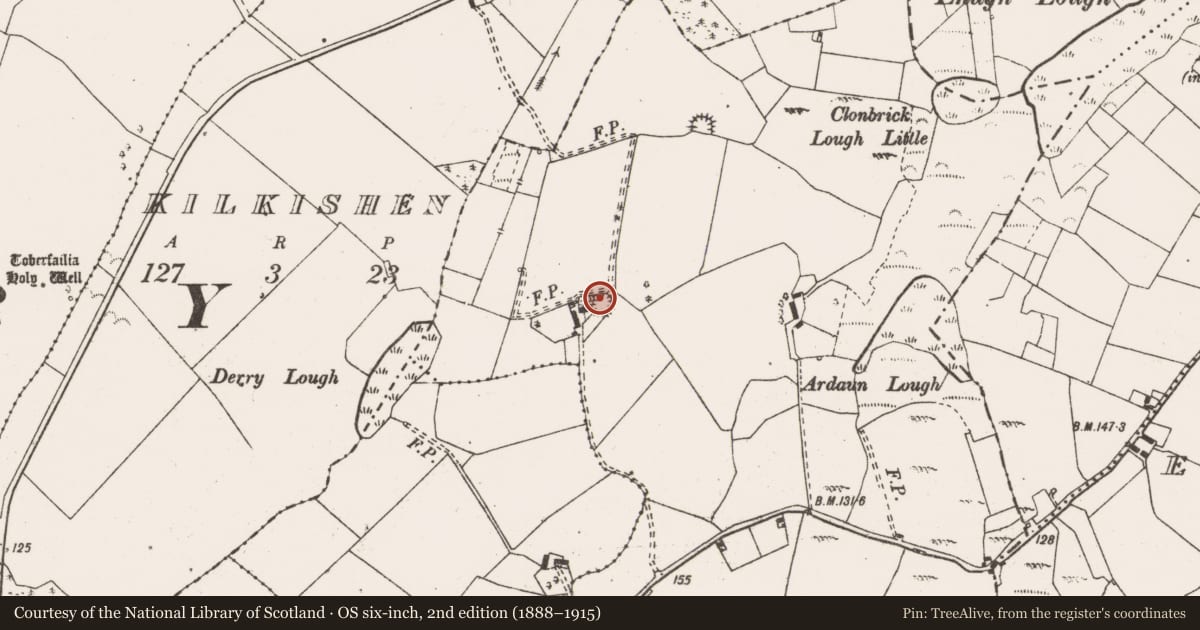 Ordnance Survey six-inch map, 2nd edition (1888–1915) covering the location of Ringfort - unclassified, Ballymulcashel, County Clare, with a pin at the register's coordinates