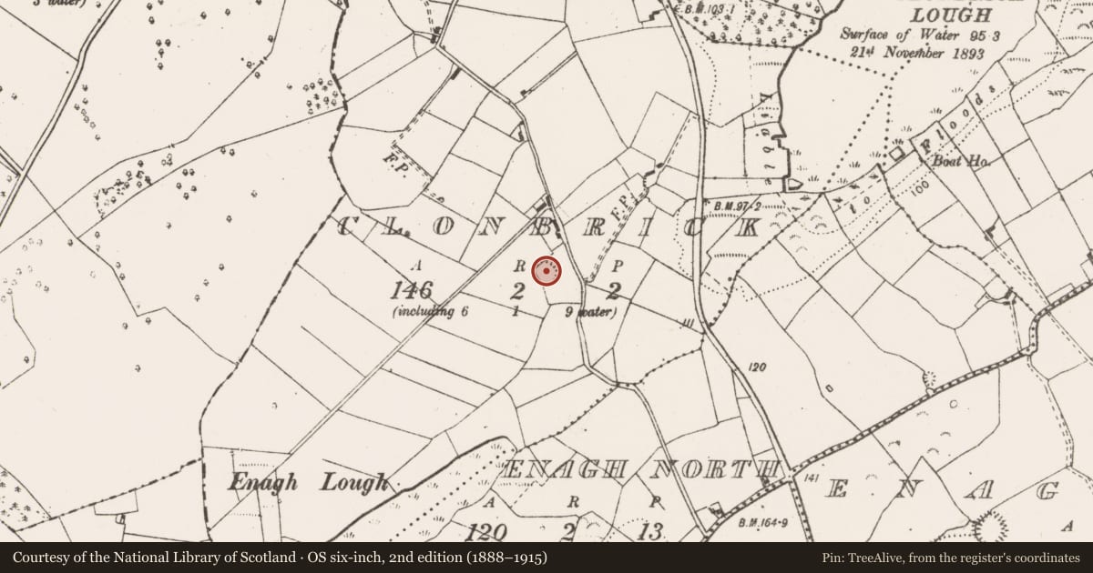 Ordnance Survey six-inch map, 2nd edition (1888–1915) covering the location of Enclosure, Clonbrick, County Clare, with a pin at the register's coordinates
