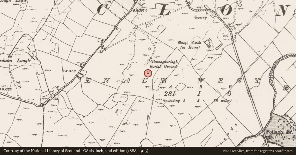 Ordnance Survey six-inch map, 2nd edition (1888–1915) covering the location of Ringfort - cashel, Enagh West, County Clare, with a pin at the register's coordinates
