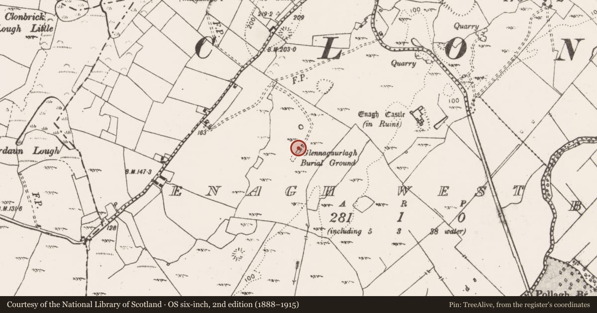 Ordnance Survey six-inch map, 2nd edition (1888–1915) covering the location of Burial ground, Enagh West, County Clare, with a pin at the register's coordinates