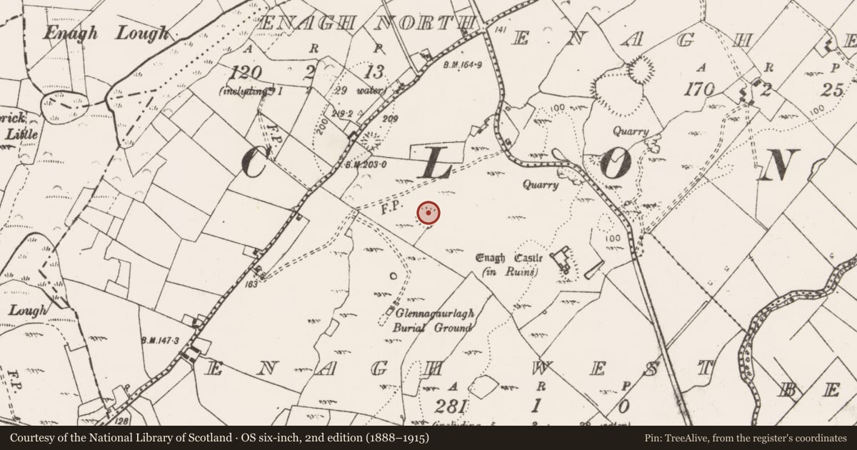 Ordnance Survey six-inch map, 2nd edition (1888–1915) covering the location of Ringfort - rath, Enagh West, County Clare, with a pin at the register's coordinates