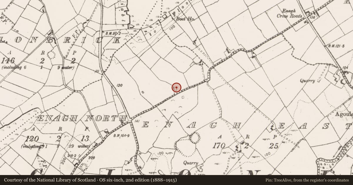 Ordnance Survey six-inch map, 2nd edition (1888–1915) covering the location of Enclosure, Enagh North, County Clare, with a pin at the register's coordinates