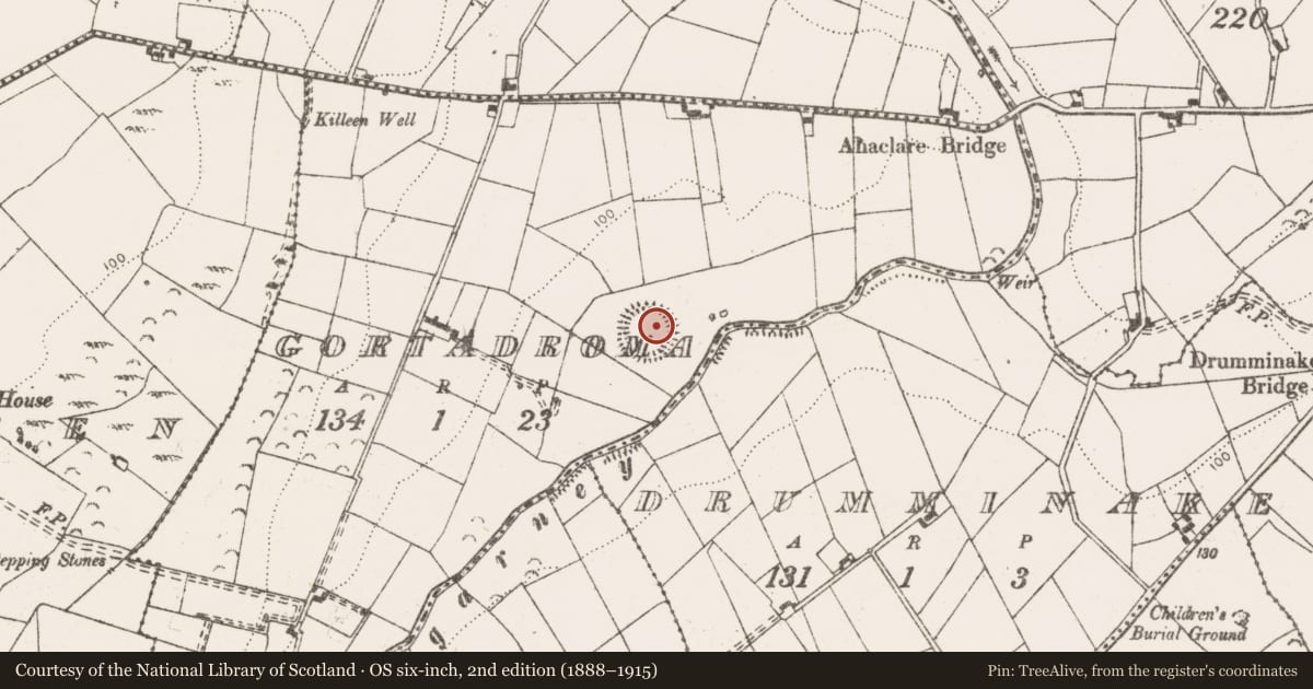 Ordnance Survey six-inch map, 2nd edition (1888–1915) covering the location of Mound, Gortadroma, County Clare, with a pin at the register's coordinates