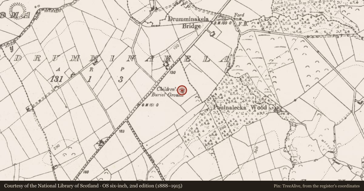 Ordnance Survey six-inch map, 2nd edition (1888–1915) covering the location of Children's burial ground, Snaty (WILSON), County Clare, with a pin at the register's coordinates