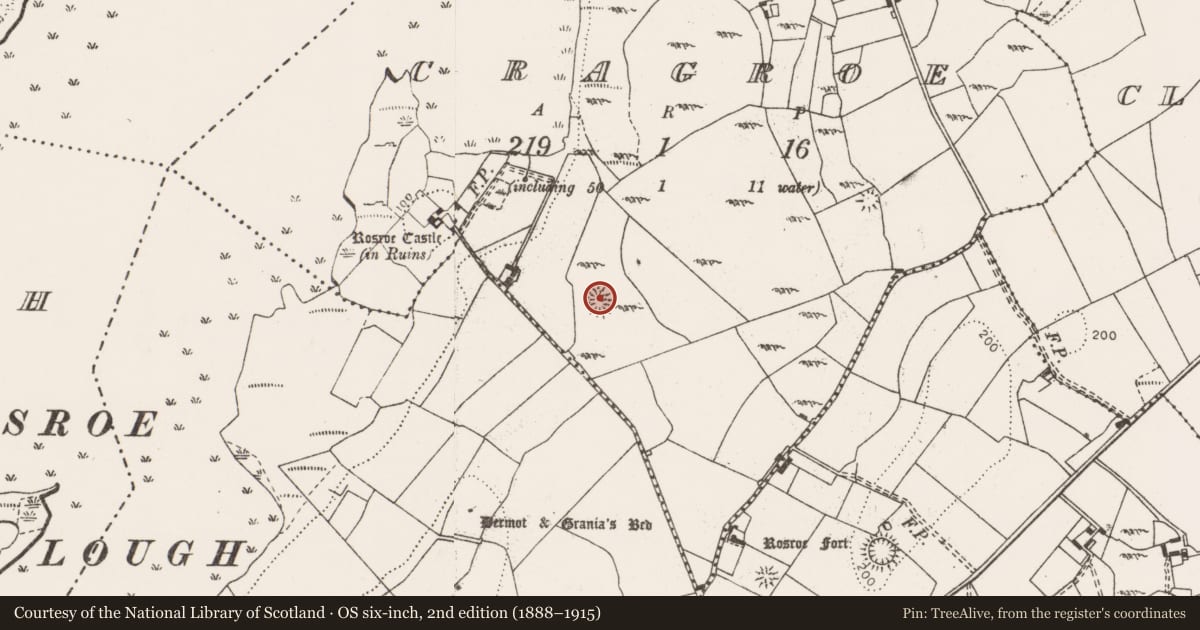 Ordnance Survey six-inch map, 2nd edition (1888–1915) covering the location of Enclosure, Cragroe, County Clare, with a pin at the register's coordinates