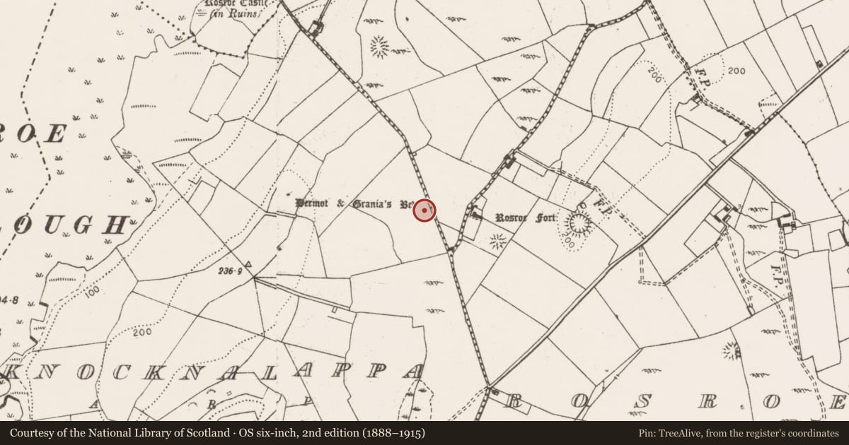 Ordnance Survey six-inch map, 2nd edition (1888–1915) covering the location of Enclosure, Knocknalappa, County Clare, with a pin at the register's coordinates
