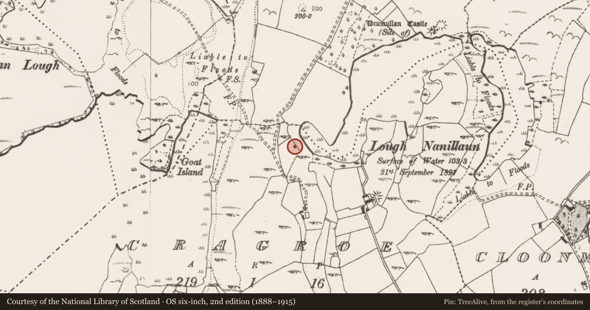 Ordnance Survey six-inch map, 2nd edition (1888–1915) covering the location of Fulacht fia, Cragroe, County Clare, with a pin at the register's coordinates