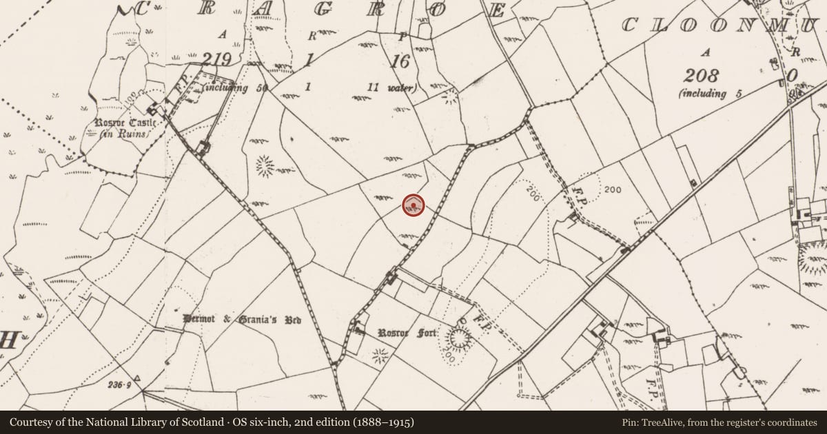Ordnance Survey six-inch map, 2nd edition (1888–1915) covering the location of Enclosure, Cragroe, County Clare, with a pin at the register's coordinates