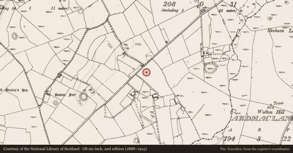 Ordnance Survey six-inch map, 2nd edition (1888–1915) covering the location of Enclosure, Rosroe, County Clare, with a pin at the register's coordinates