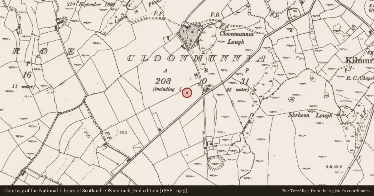 Ordnance Survey six-inch map, 2nd edition (1888–1915) covering the location of Enclosure, Cloonmunnia, County Clare, with a pin at the register's coordinates