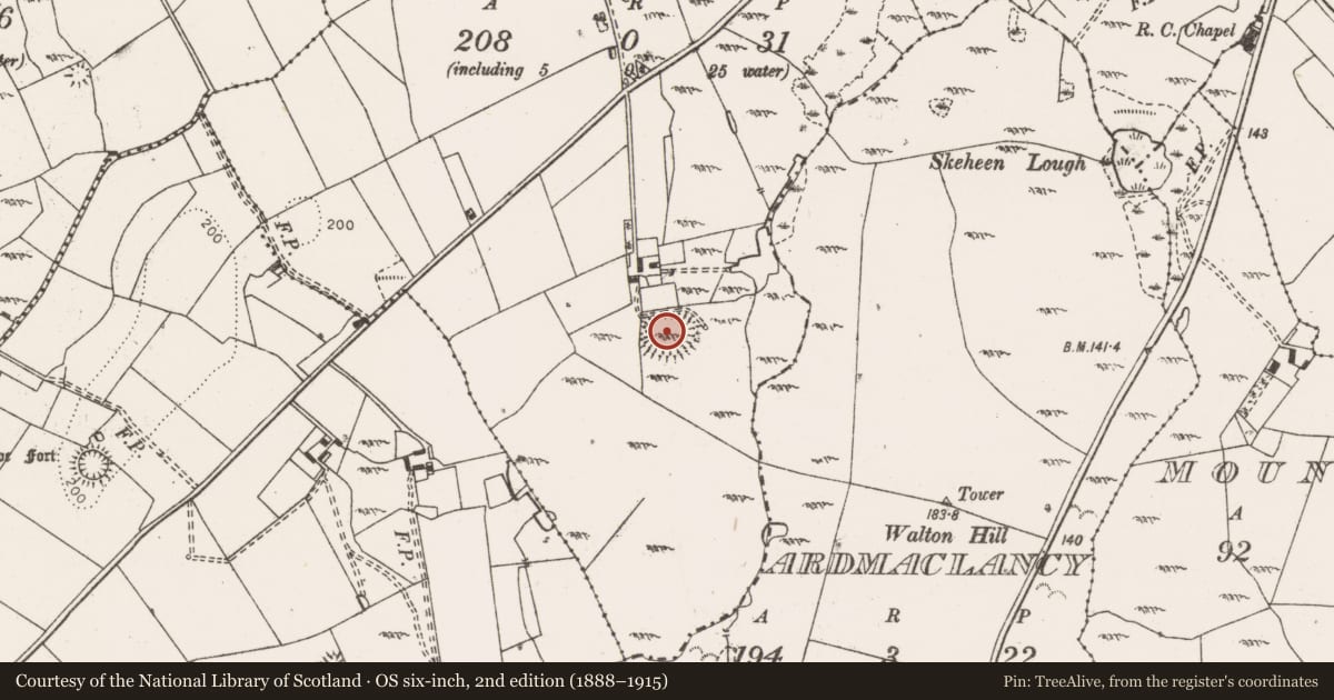 Ordnance Survey six-inch map, 2nd edition (1888–1915) covering the location of Enclosure - large enclosure, Cloonmunnia, County Clare, with a pin at the register's coordinates