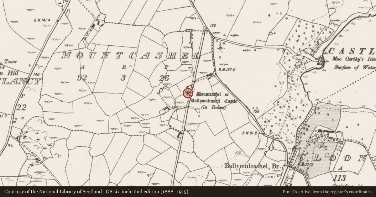 Ordnance Survey six-inch map, 2nd edition (1888–1915) covering the location of Castle - tower house, Ballymulcashel, Mountcashel, County Clare, with a pin at the register's coordinates