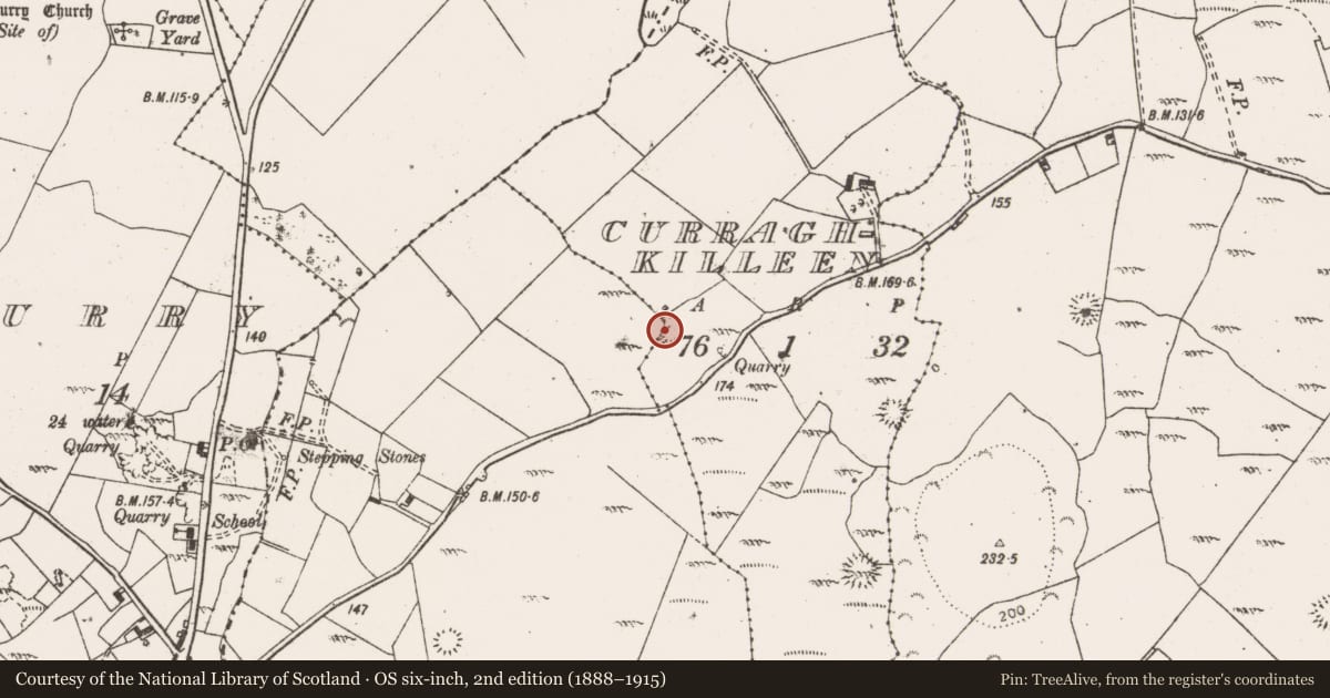 Ordnance Survey six-inch map, 2nd edition (1888–1915) covering the location of Enclosure, Curraghkilleen, County Clare, with a pin at the register's coordinates