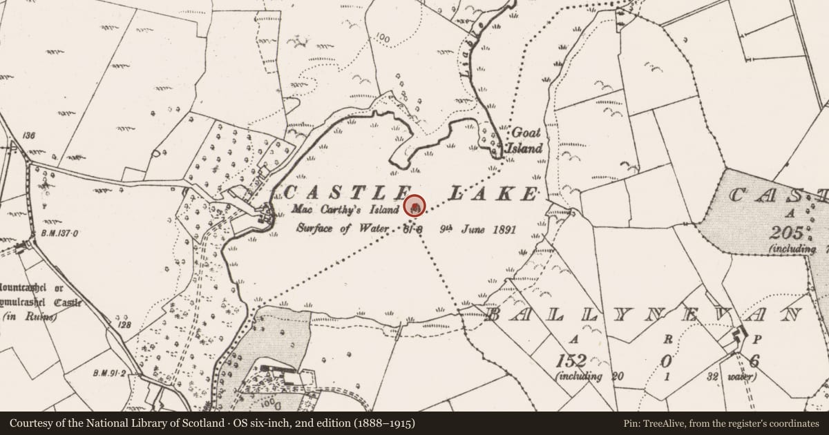 Ordnance Survey six-inch map, 2nd edition (1888–1915) covering the location of Crannog, Ballymulcashel, County Clare, with a pin at the register's coordinates