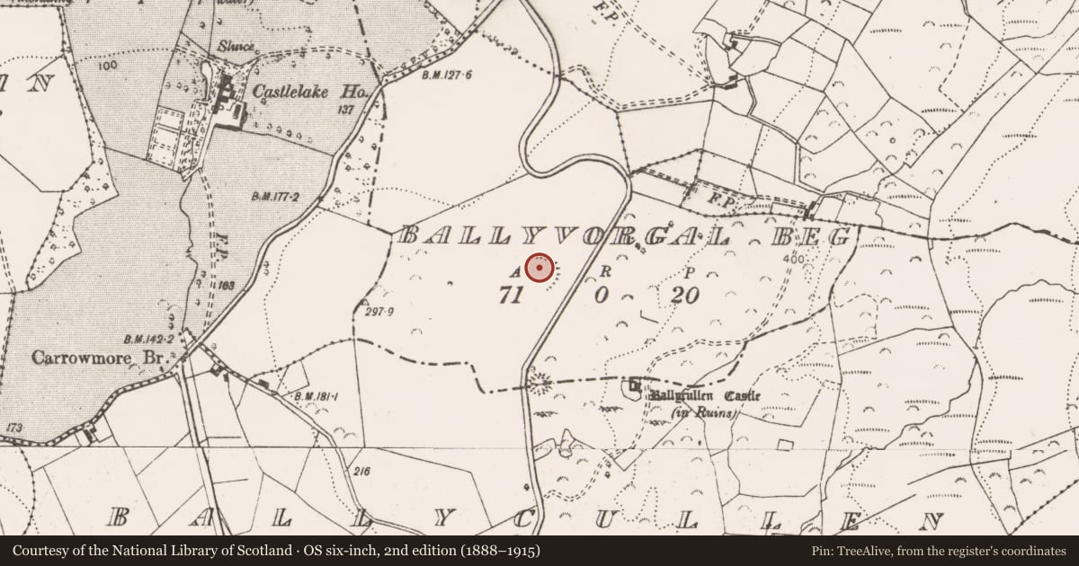 Ordnance Survey six-inch map, 2nd edition (1888–1915) covering the location of Enclosure, Ballyvorgal Beg, County Clare, with a pin at the register's coordinates
