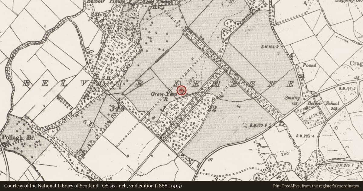 Ordnance Survey six-inch map, 2nd edition (1888–1915) covering the location of Burial ground, Belvoir Demesne, County Clare, with a pin at the register's coordinates