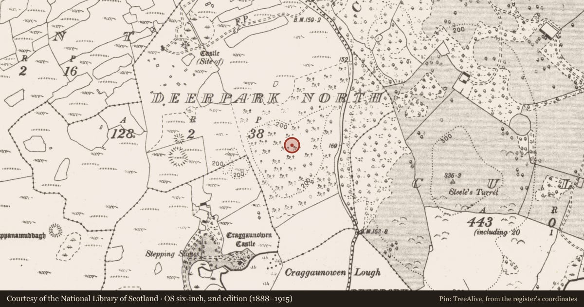 Ordnance Survey six-inch map, 2nd edition (1888–1915) covering the location of Megalithic tomb - wedge tomb, Deerpark North, County Clare, with a pin at the register's coordinates
