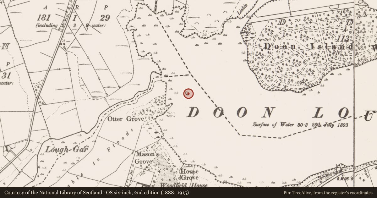 Ordnance Survey six-inch map, 2nd edition (1888–1915) covering the location of Crannog, Woodfield, County Clare, with a pin at the register's coordinates