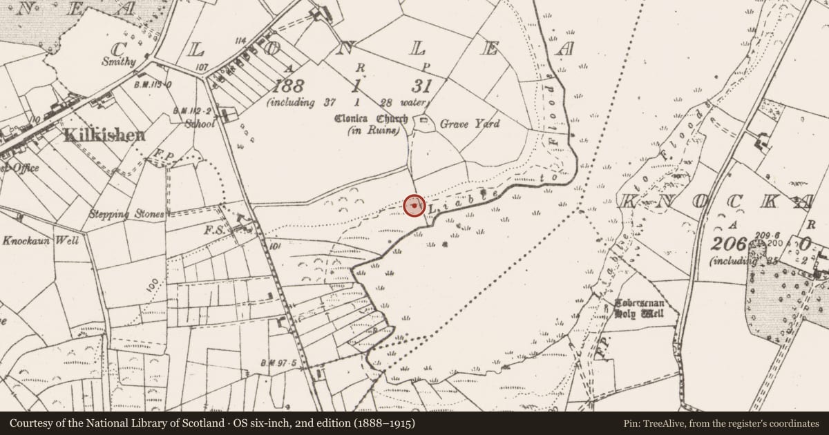 Ordnance Survey six-inch map, 2nd edition (1888–1915) covering the location of Mass-rock, Clonlea, County Clare, with a pin at the register's coordinates
