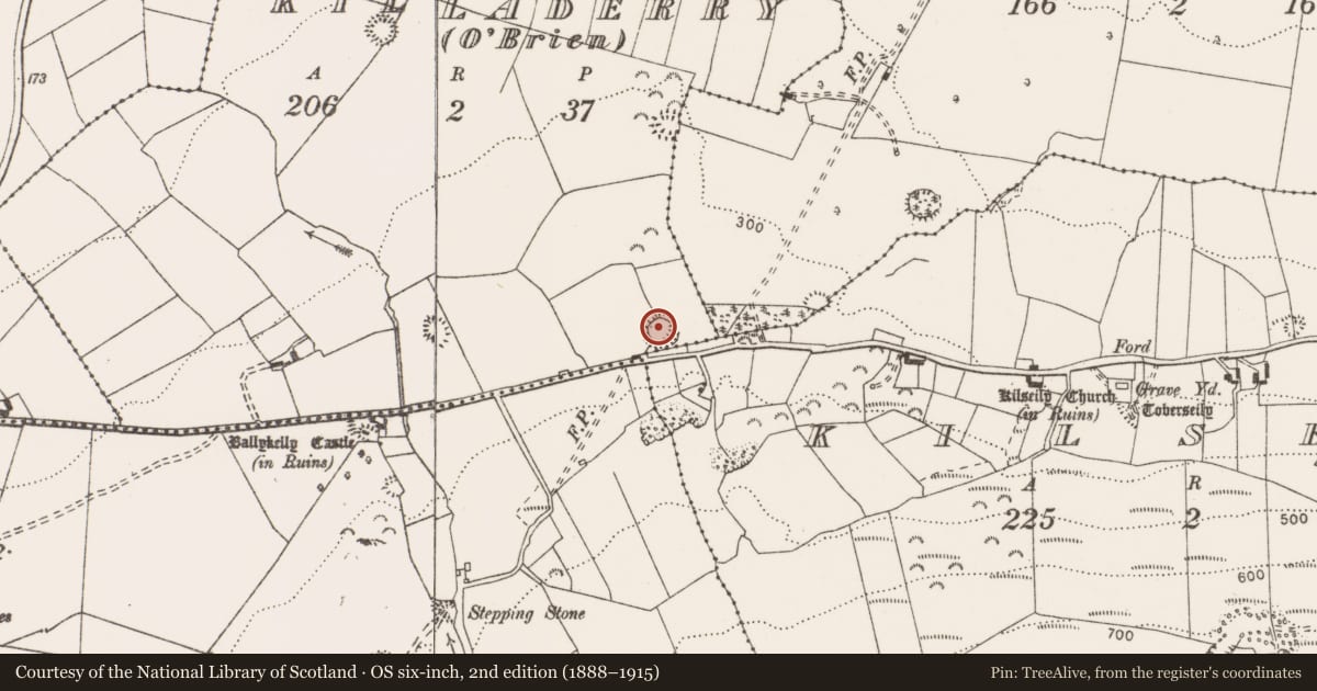 Ordnance Survey six-inch map, 2nd edition (1888–1915) covering the location of Enclosure, Killaderry (O'Brien), County Clare, with a pin at the register's coordinates