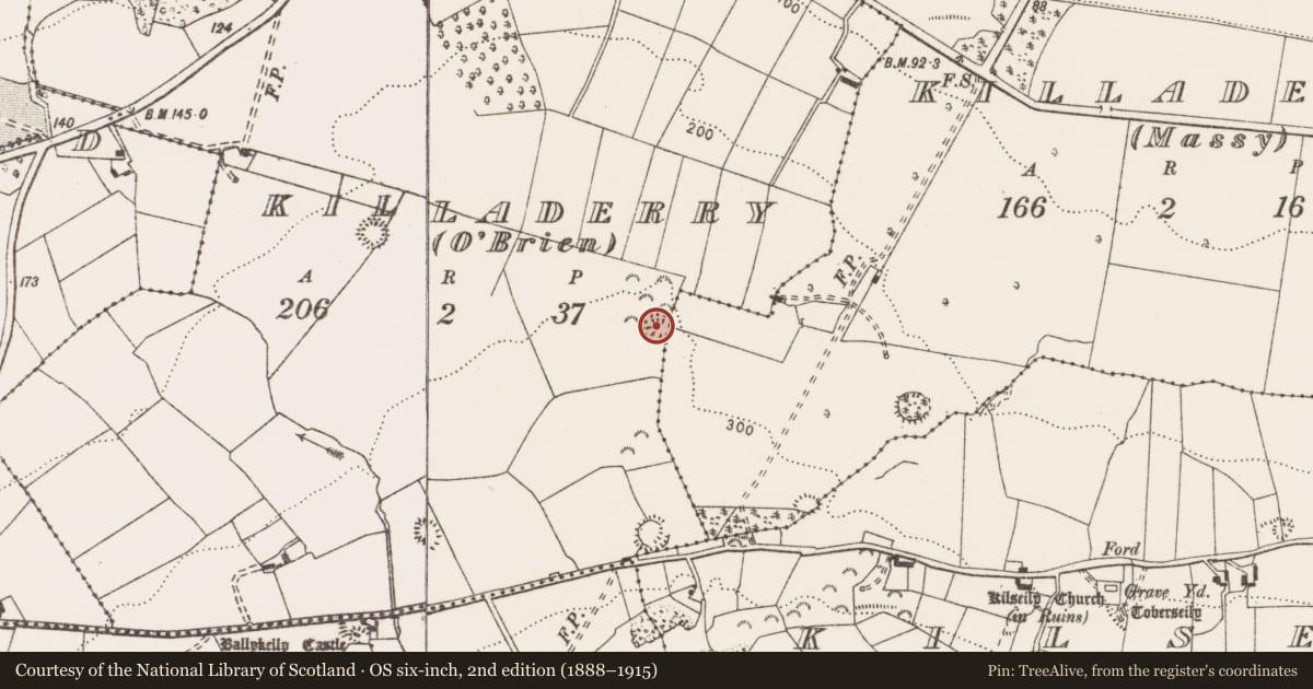Ordnance Survey six-inch map, 2nd edition (1888–1915) covering the location of Enclosure, Killaderry (O'Brien), Killaderry (Massy), County Clare, with a pin at the register's coordinates