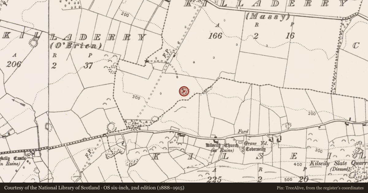 Ordnance Survey six-inch map, 2nd edition (1888–1915) covering the location of Enclosure, Killaderry (Massy), County Clare, with a pin at the register's coordinates