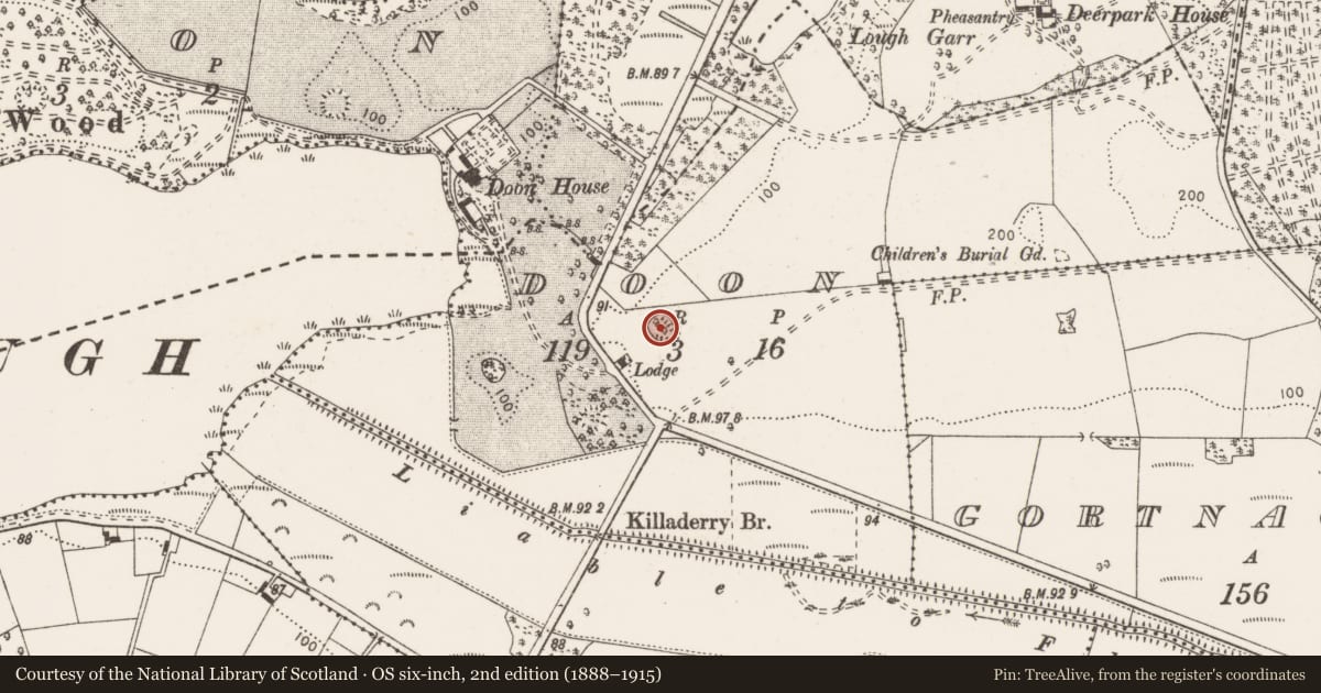 Ordnance Survey six-inch map, 2nd edition (1888–1915) covering the location of Enclosure, Doon, County Clare, with a pin at the register's coordinates