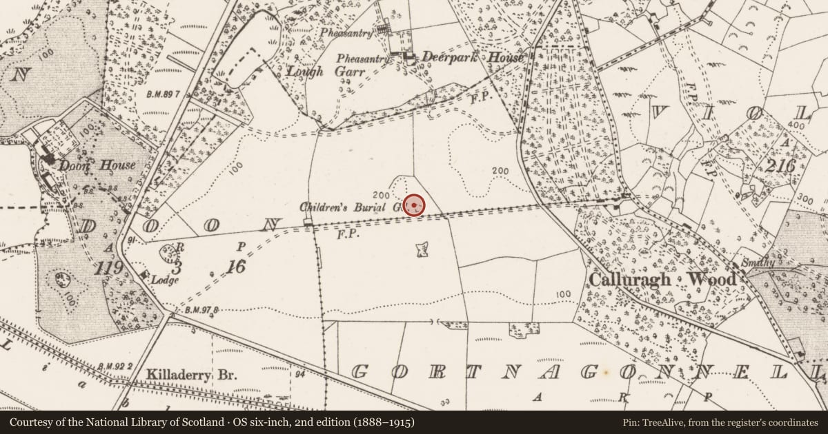 Ordnance Survey six-inch map, 2nd edition (1888–1915) covering the location of Children's burial ground, Doon, County Clare, with a pin at the register's coordinates