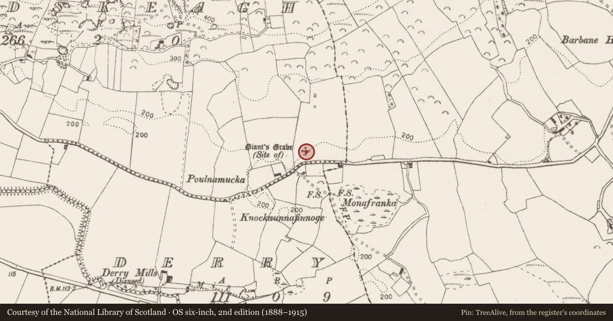 Ordnance Survey six-inch map, 2nd edition (1888–1915) covering the location of Megalithic tomb - unclassified, Ardskeagh, County Clare, with a pin at the register's coordinates