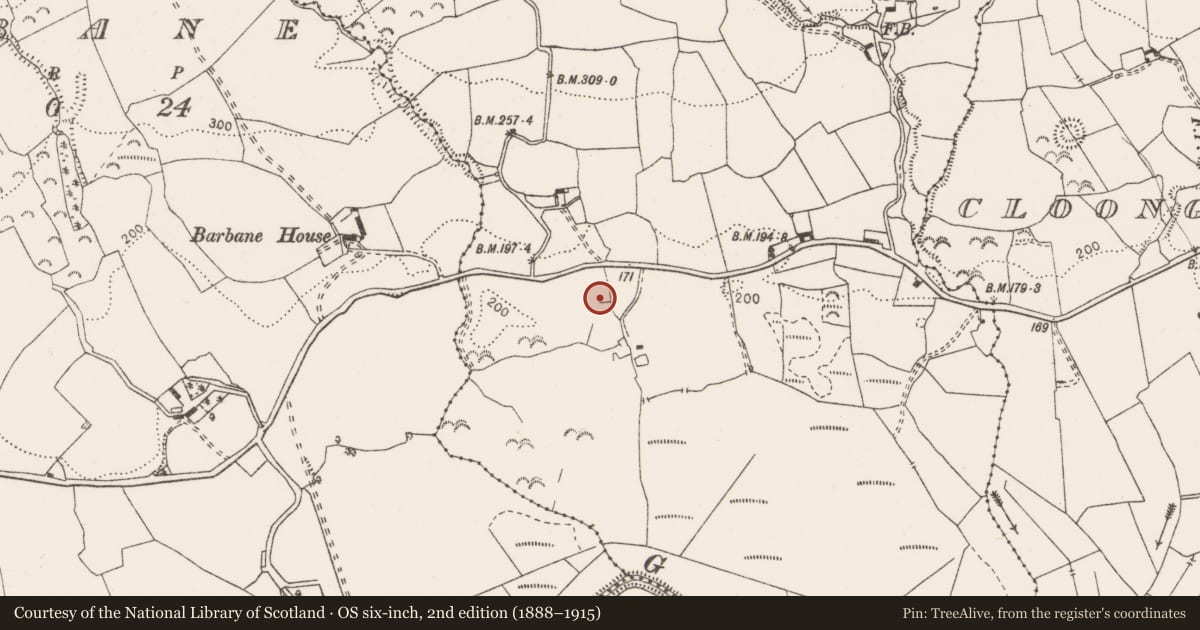 Ordnance Survey six-inch map, 2nd edition (1888–1915) covering the location of Enclosure, Cloongaheen West, County Clare, with a pin at the register's coordinates